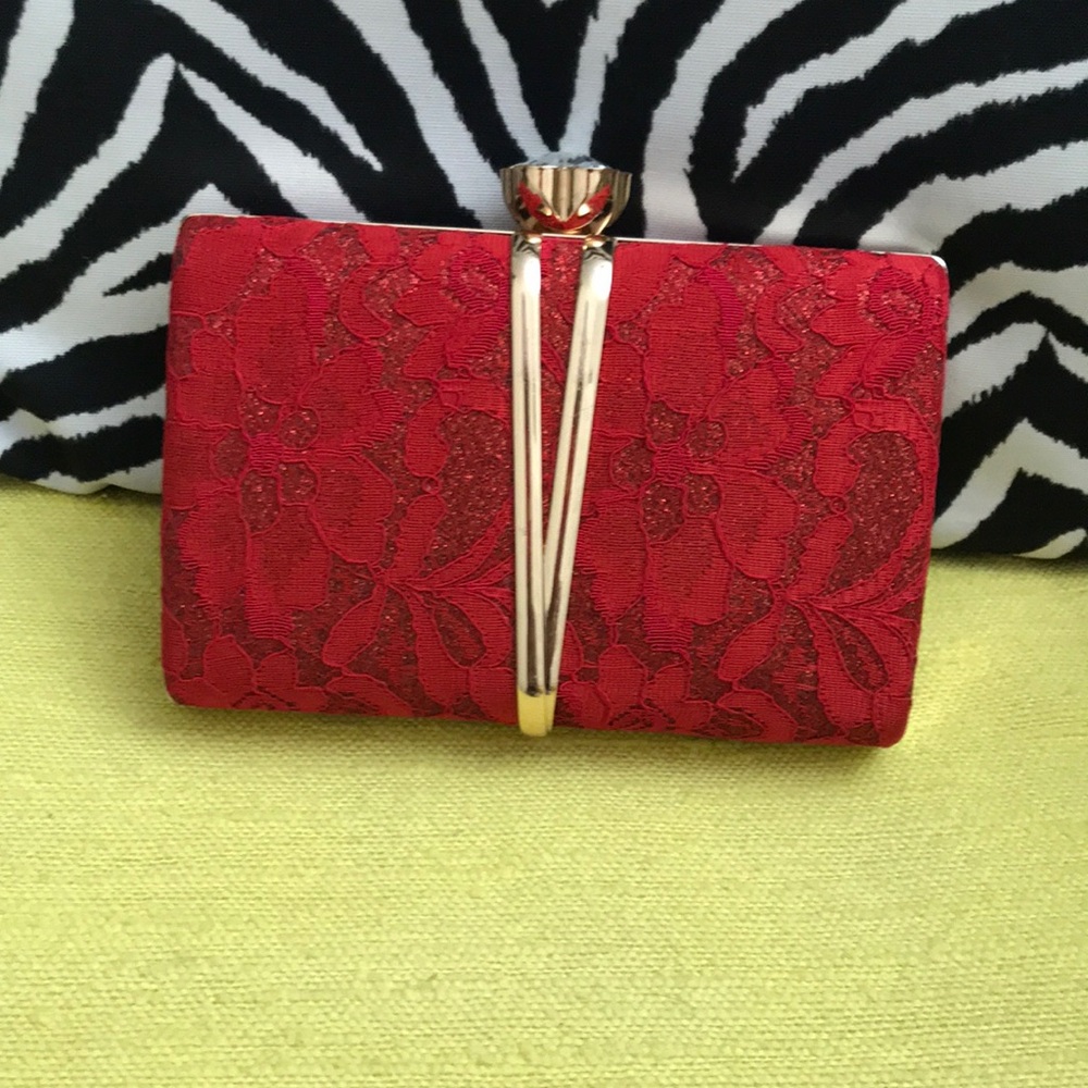Red Lace Embellished Evening Clutch with Gold Hardware
